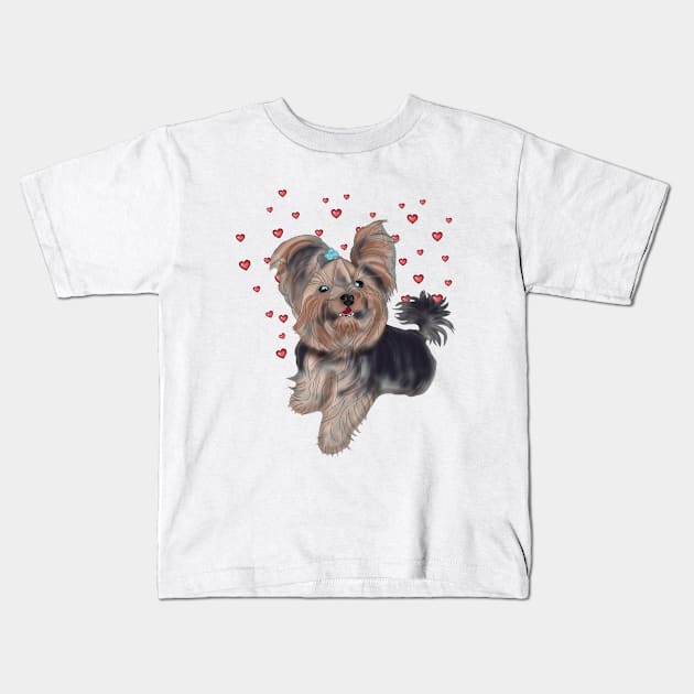 Yorkshire Terrier with hearts Kids T-Shirt by KateQR